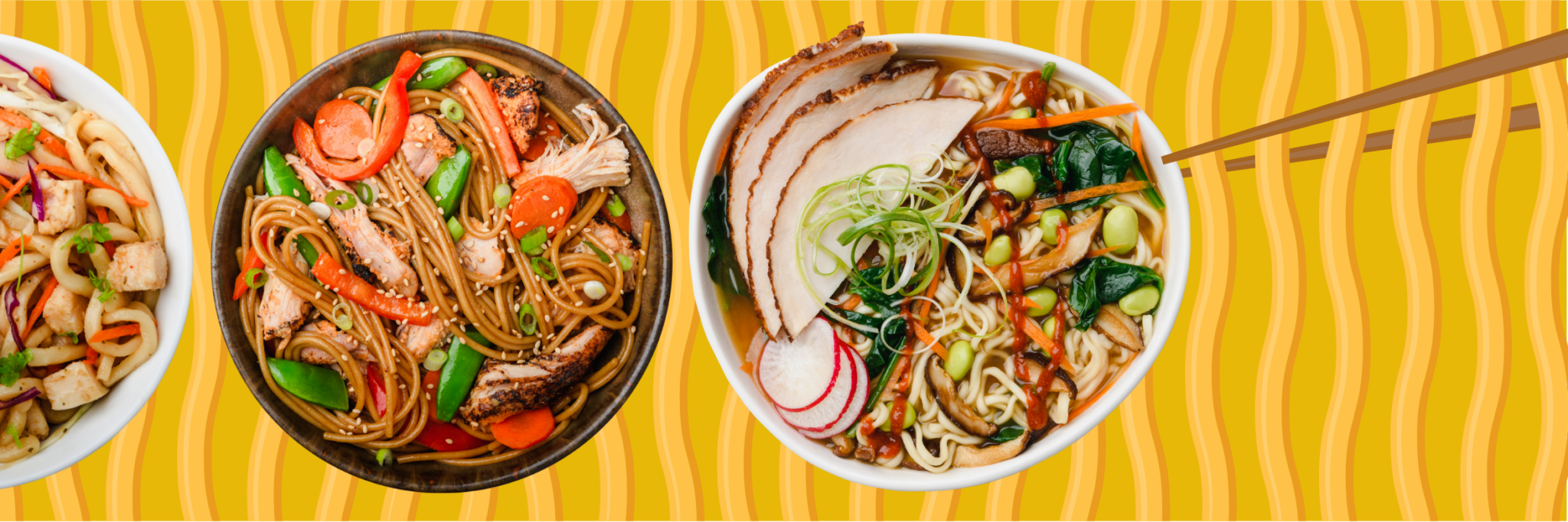Three Asian noodle bowls on a noodle background with chopsticks