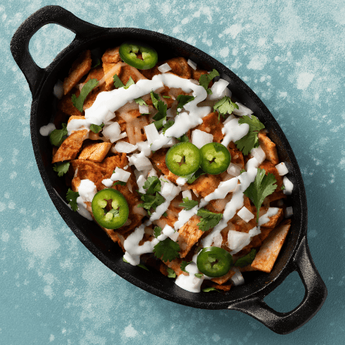 Breakfast chilaquiles in a skillet