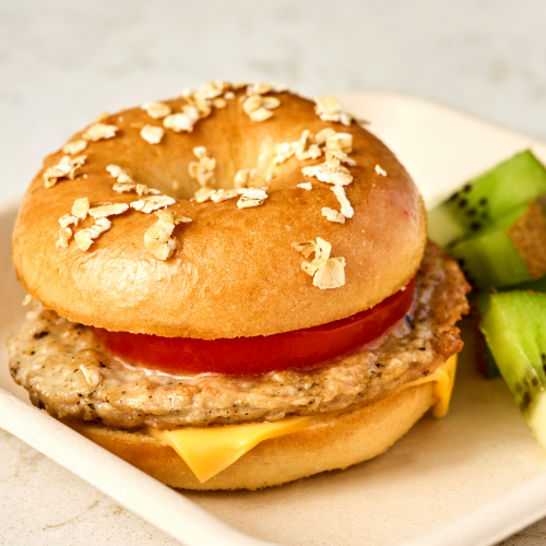 Breakfast bagel with turkey sausage patty