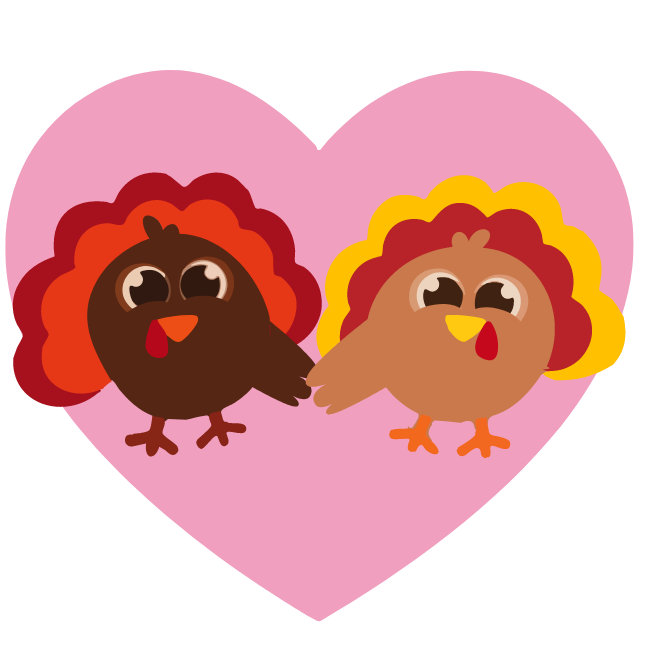 Illustration of 2 turkeys in a pink heart holding hands