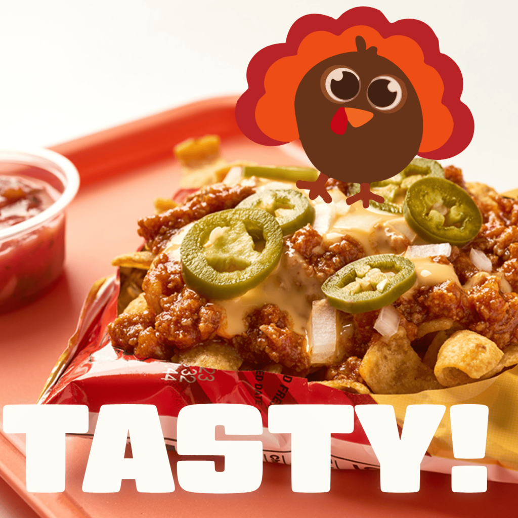 Illustrated turkey standing on a walking taco with the word "tasty!"